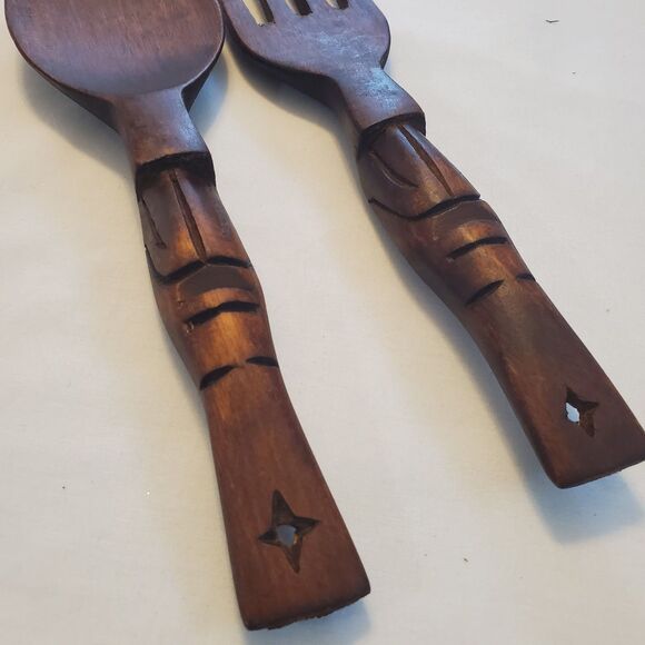Vintage Large Carved Wooden Fork and Spoon Wall Decor 13" Wood Tiki Totem MCM - Picture 2 of 4
